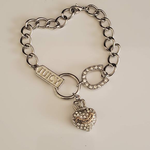 Vintage‎ Juicy Couture Silver Tone Pave Puffy Crown Heart Link Bracelet Crystals - Picture 2 of 6